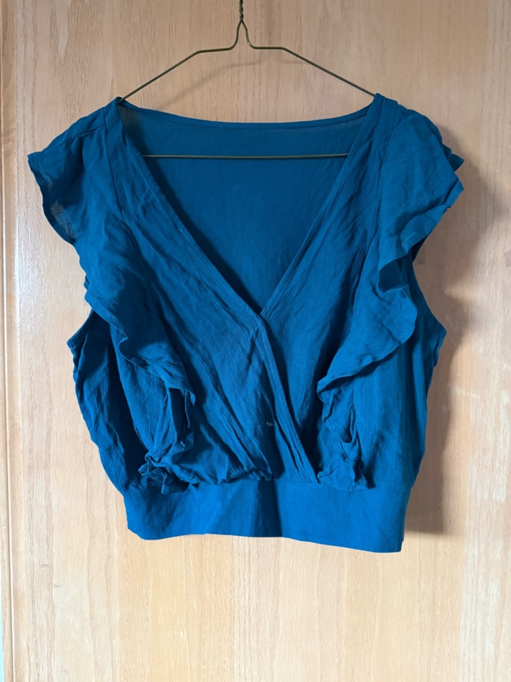 Teal Blue Ruffle V-Neck Crop Top Boho Flowy Cottagecore Size S